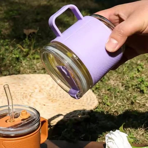 Portable Glass Sipper Cup With Handle, Lid & Straw