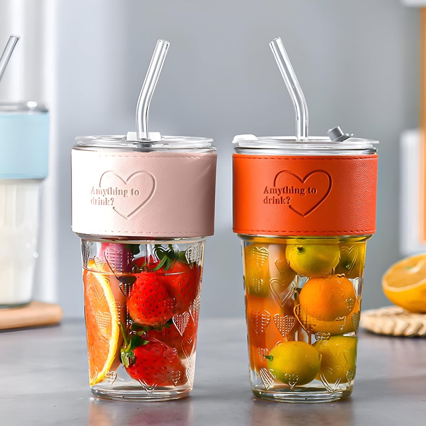 Embossed Glass Beverage Cup With Bamboo Lid & Straw