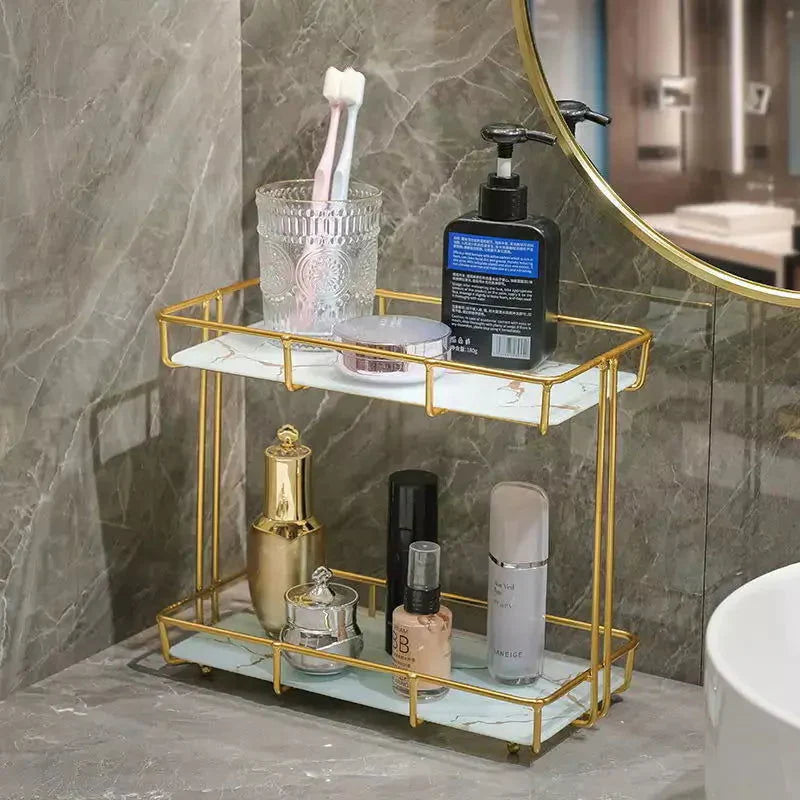 Deluxe Gold Vanity Tray – 2 Tiers, Rectangular Style