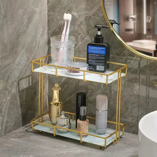 Deluxe Gold Vanity Tray – 2 Tiers, Rectangular Style