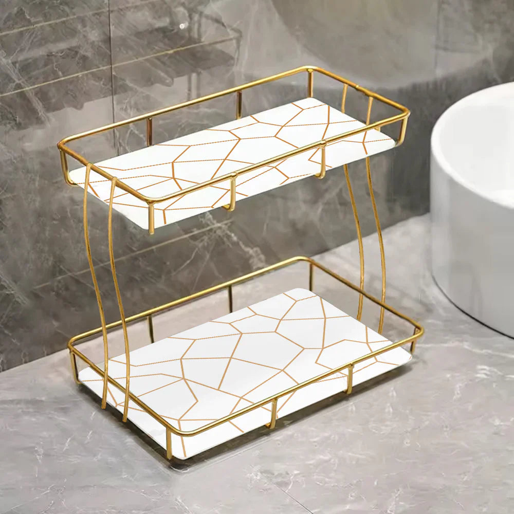 Deluxe Gold Vanity Tray – 2 Tiers, Rectangular Style
