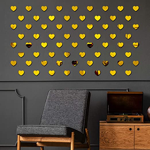 50 Pcs Golden Reflect Heart Shaped Mirror Stickers (1 Inch)