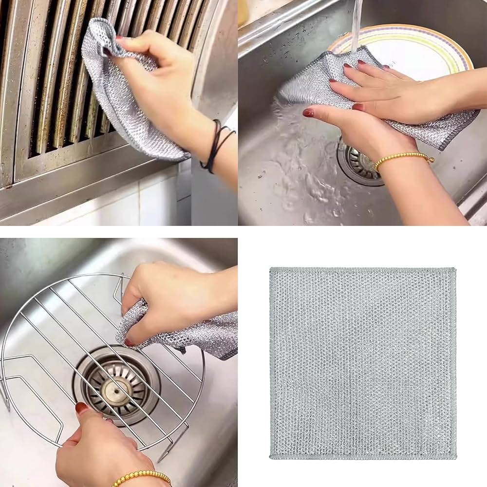 3Pcs Silver Wire Kitchen Cleaning Dish Cloth
