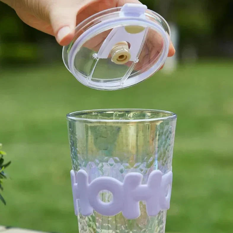Clear Glass Beverage Tumbler With Lid & Straw