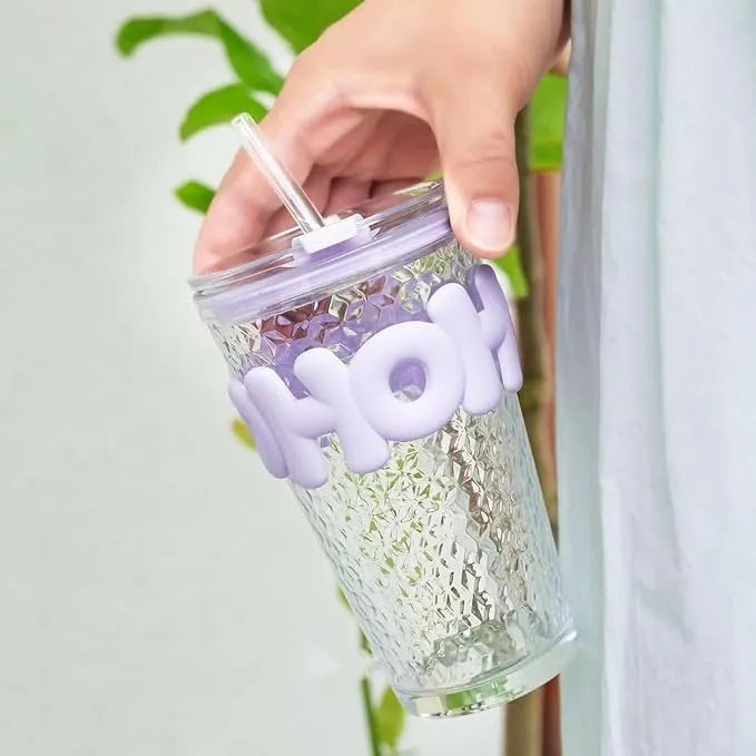 Clear Glass Beverage Tumbler With Lid & Straw