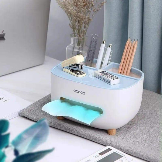 Tissue Box With Organizer Holds Remote, Phone & Accessories