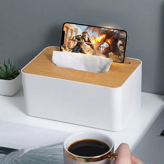 Modern Desktop Tissue Holder With Wooden Lid