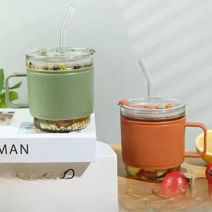 Portable Glass Sipper Cup With Handle, Lid & Straw