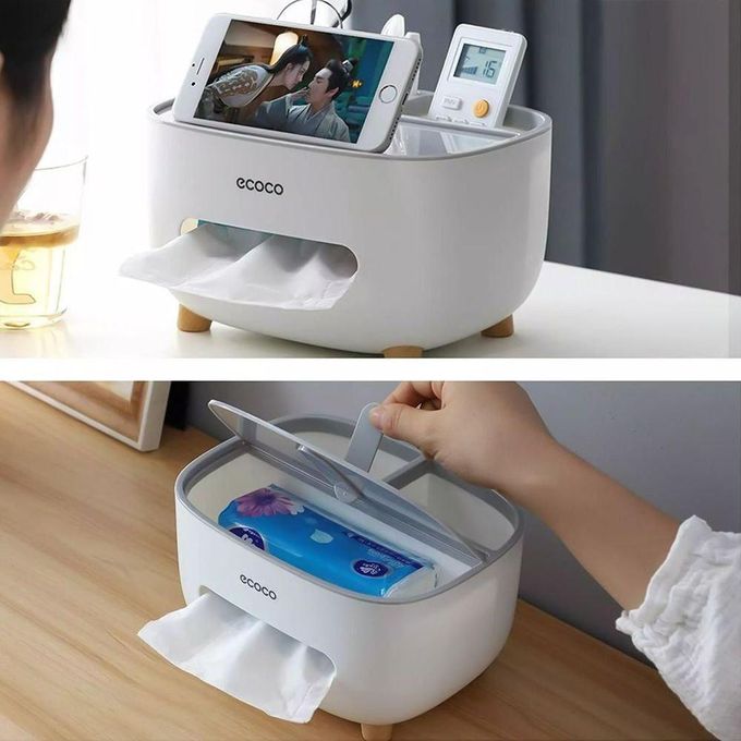 Tissue Box With Organizer Holds Remote, Phone & Accessories