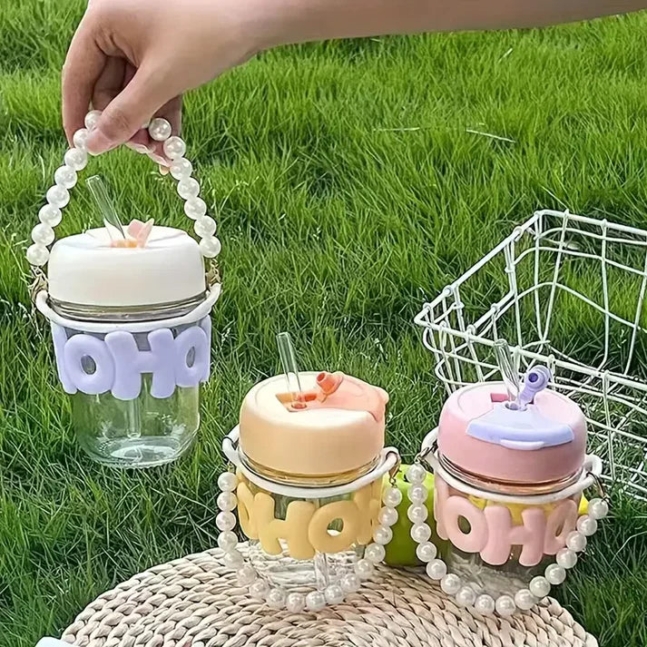 Pearl Shine Glass Tumbler With Straw