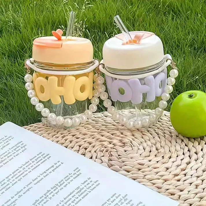 Pearl Shine Glass Tumbler With Straw