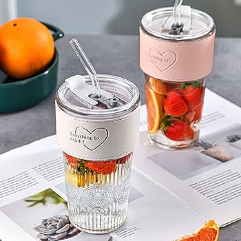 Embossed Glass Beverage Cup With Bamboo Lid & Straw