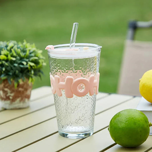 Clear Glass Beverage Tumbler With Lid & Straw