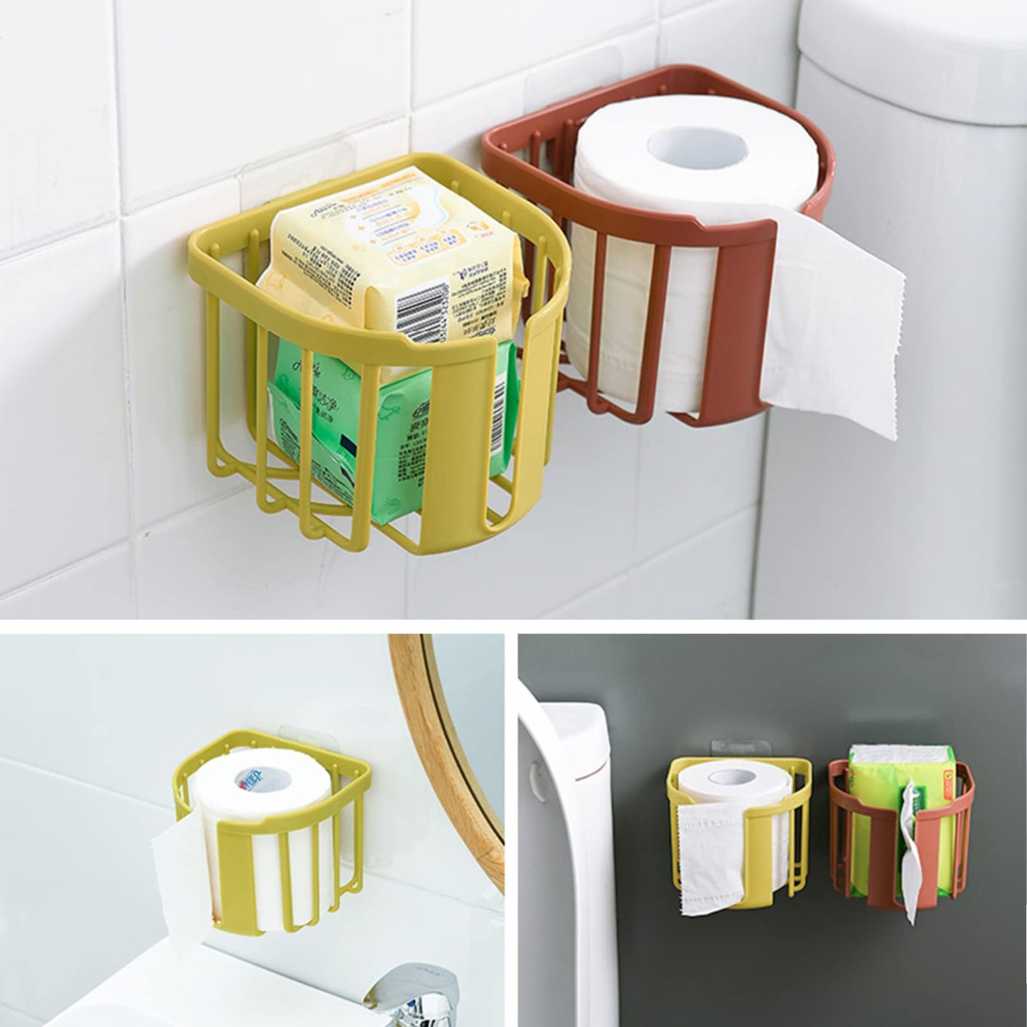 Wall Mounted Adhesive Tissue Roll Holder Basket