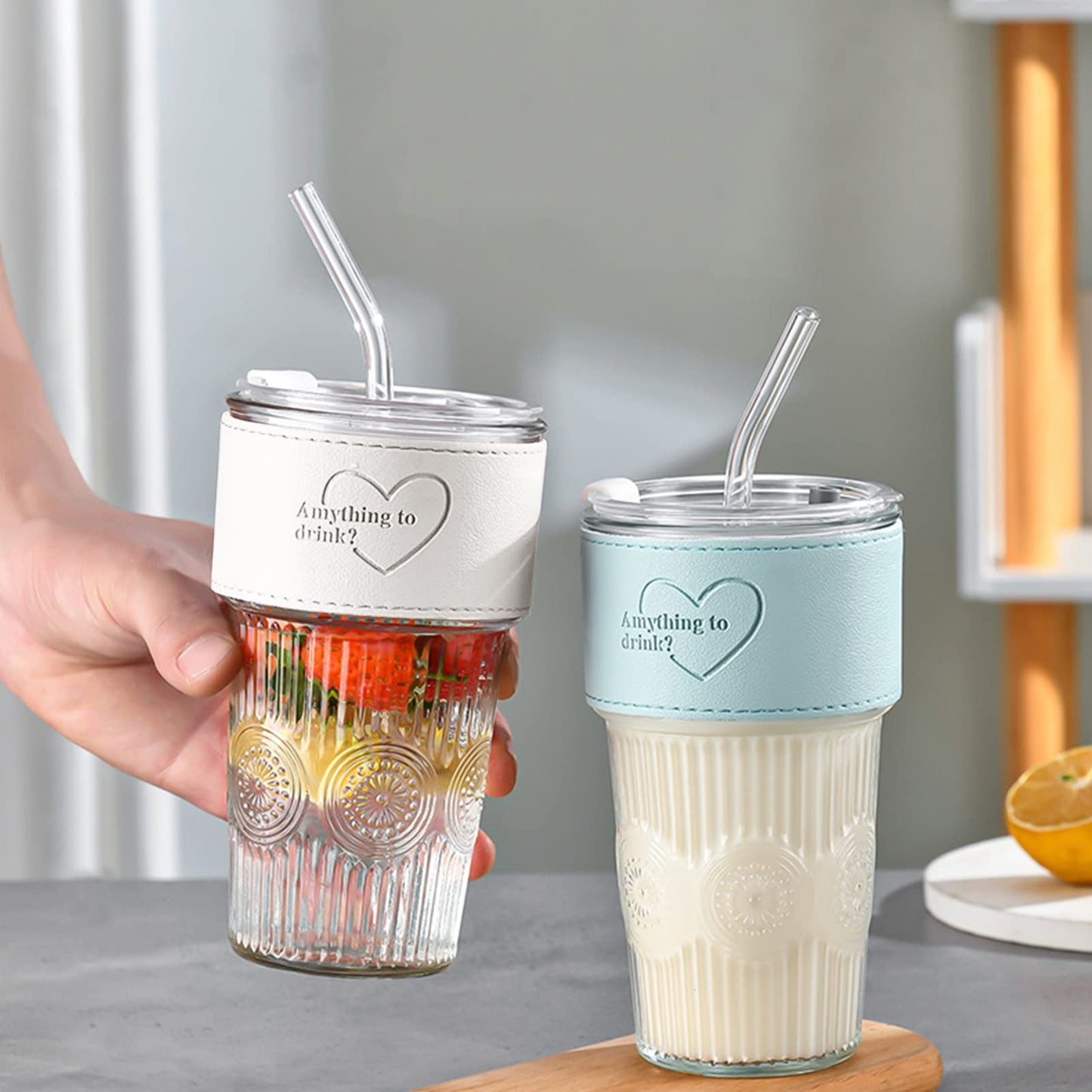 Embossed Glass Beverage Cup With Bamboo Lid & Straw