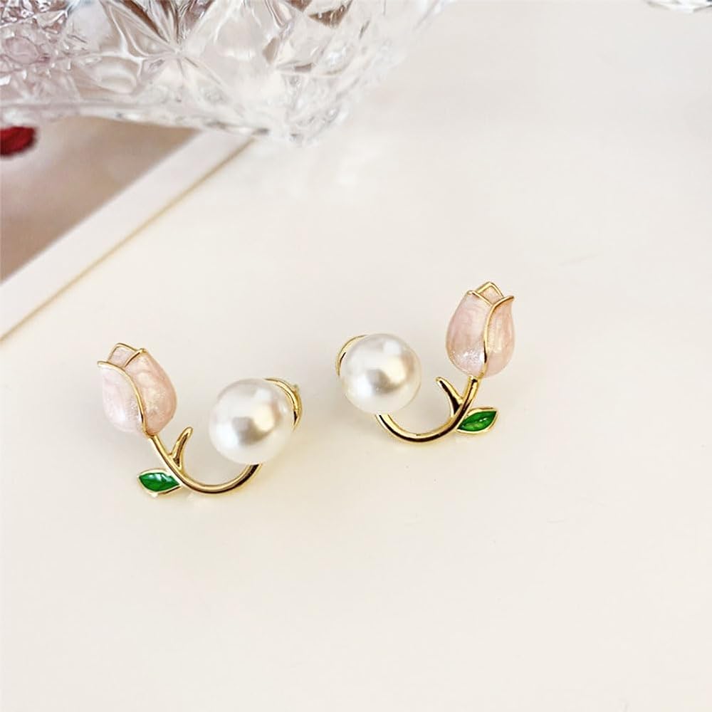 Floral Tulip Pearl Earrings In Soft Pink